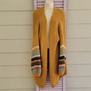 💗 THE PORTER COLLECTIVE Knit Open-Front Cardigan Pockets Striped Sleeves IXL